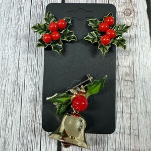 Festive Holly Earrings and Bell Brooch Set